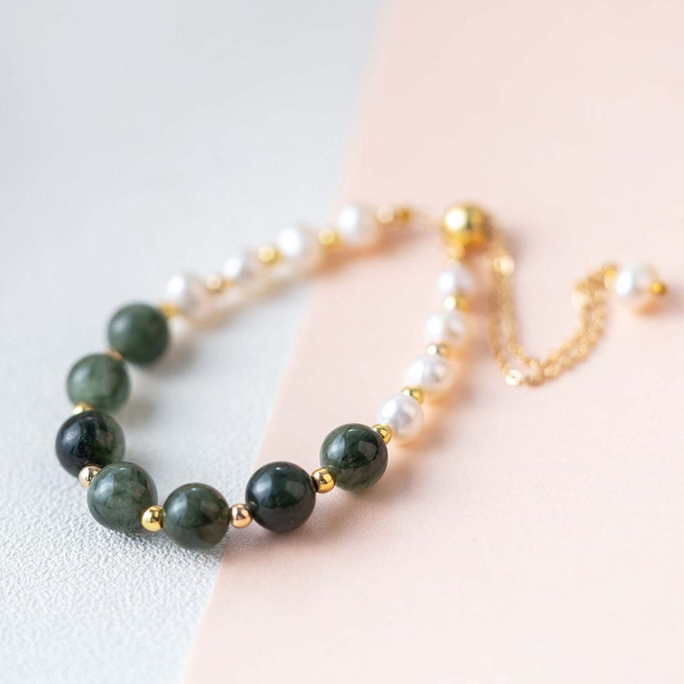 Green Rutilated Quartz Crystal with Pearl Design Bracelet 绿发晶珍珠手链